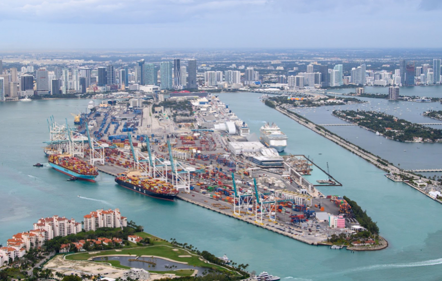 Aerial view of PortMiami with cargo ships and the Miami skyline